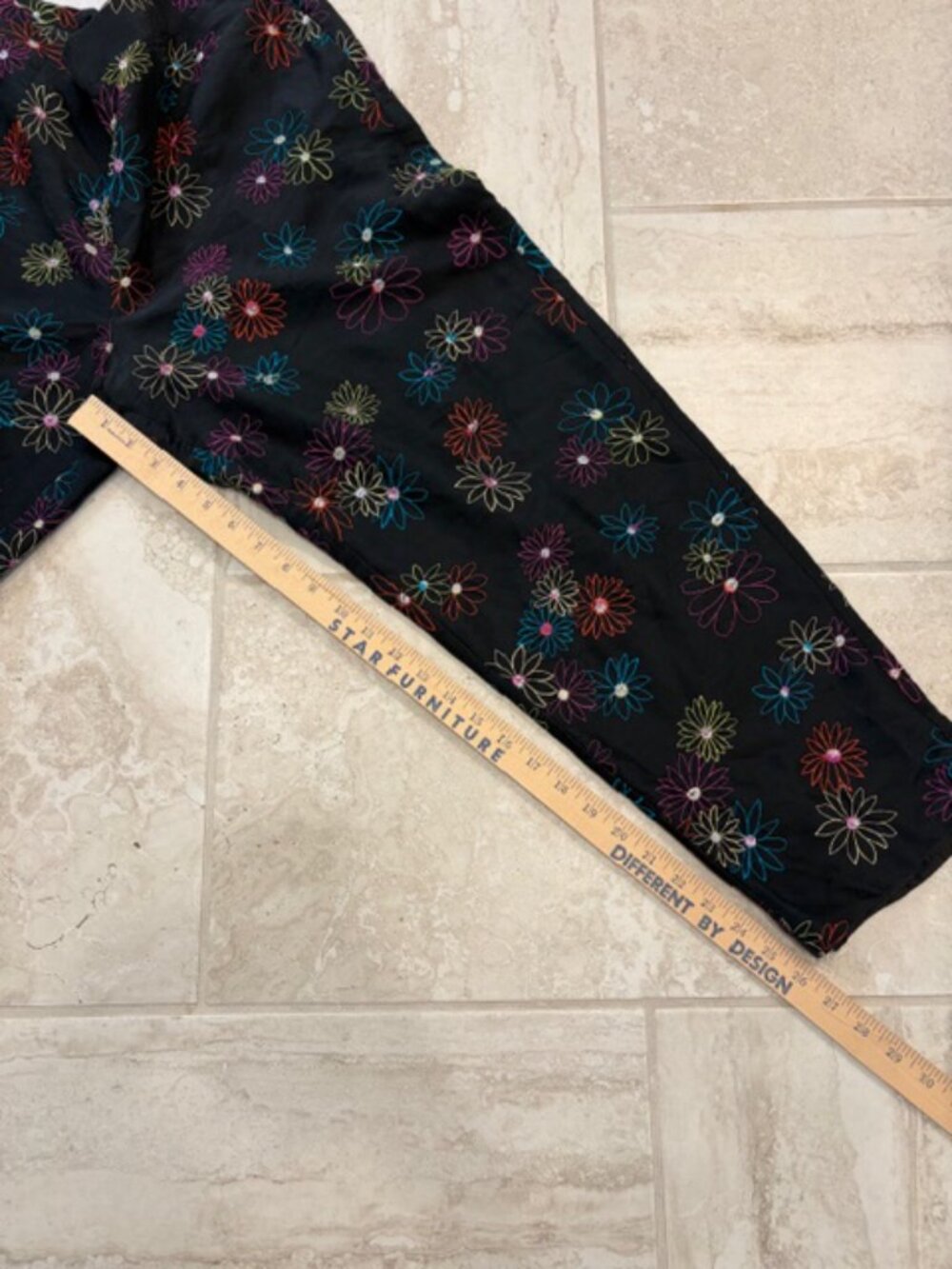 Silkland 100% Silk Pants Women Size 14 Black with Floral Embroidery Colorful lux - Picture 7 of 8